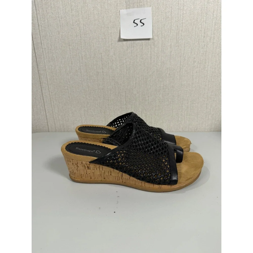 Baretraps Womens Black Woven Mesh Toe Loop Cork Wedge Sandals Size 9.5M